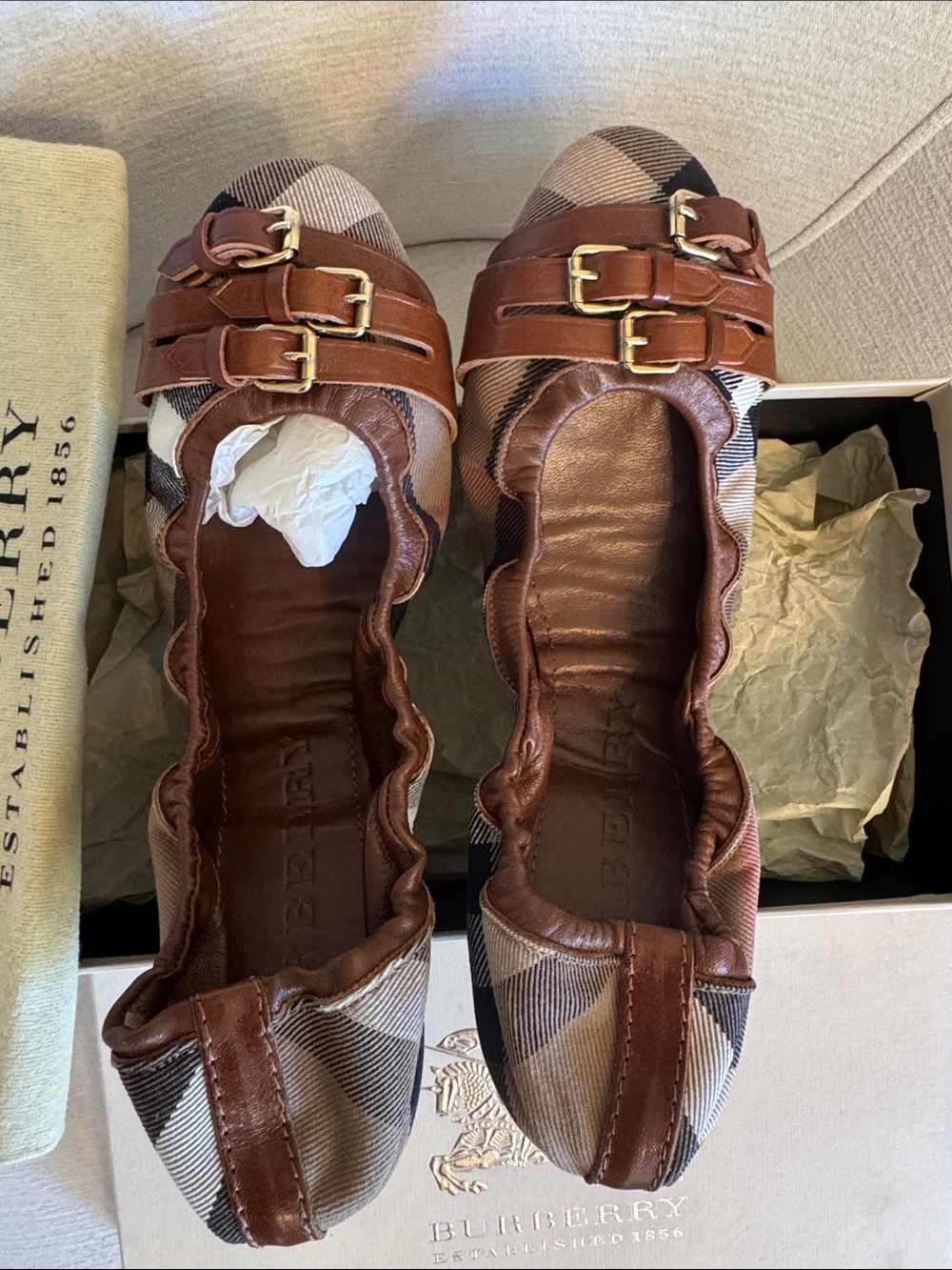 Burberry Brown Plaid Leather-Trim Buckle Ballet Flats